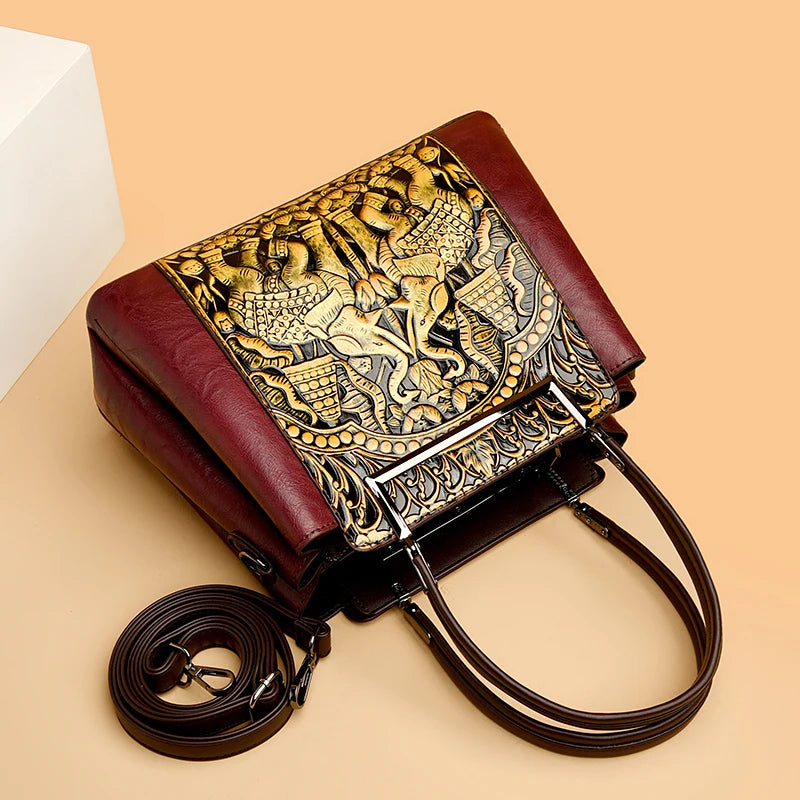 Sac À Main Femme Cuir PU Gaufré Artisanal — 3 Compartiments, Grande Capacité, Bandoulière