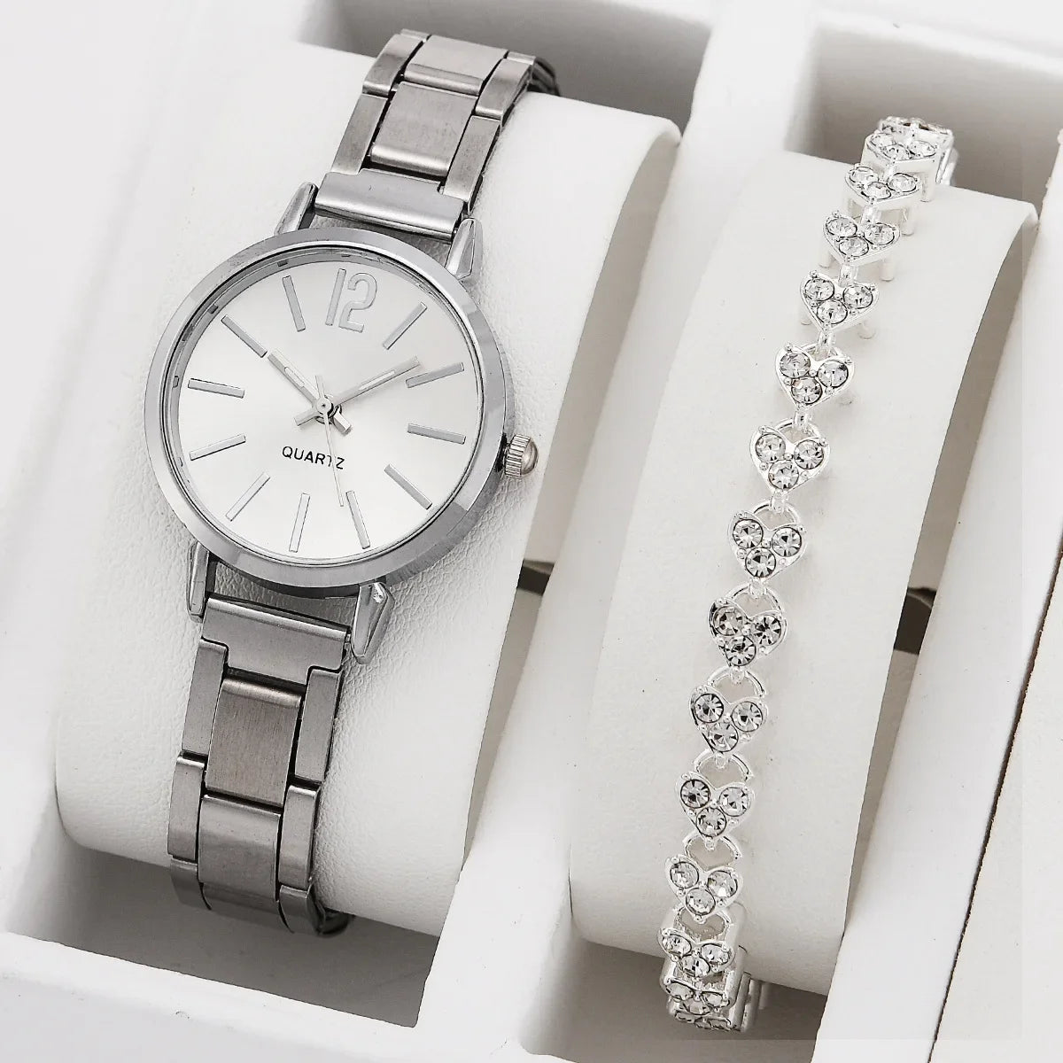 Coffret 2 Montres Femme Luxe — Cadran Simple Creux, Bracelet Or, Quartz Étudiante