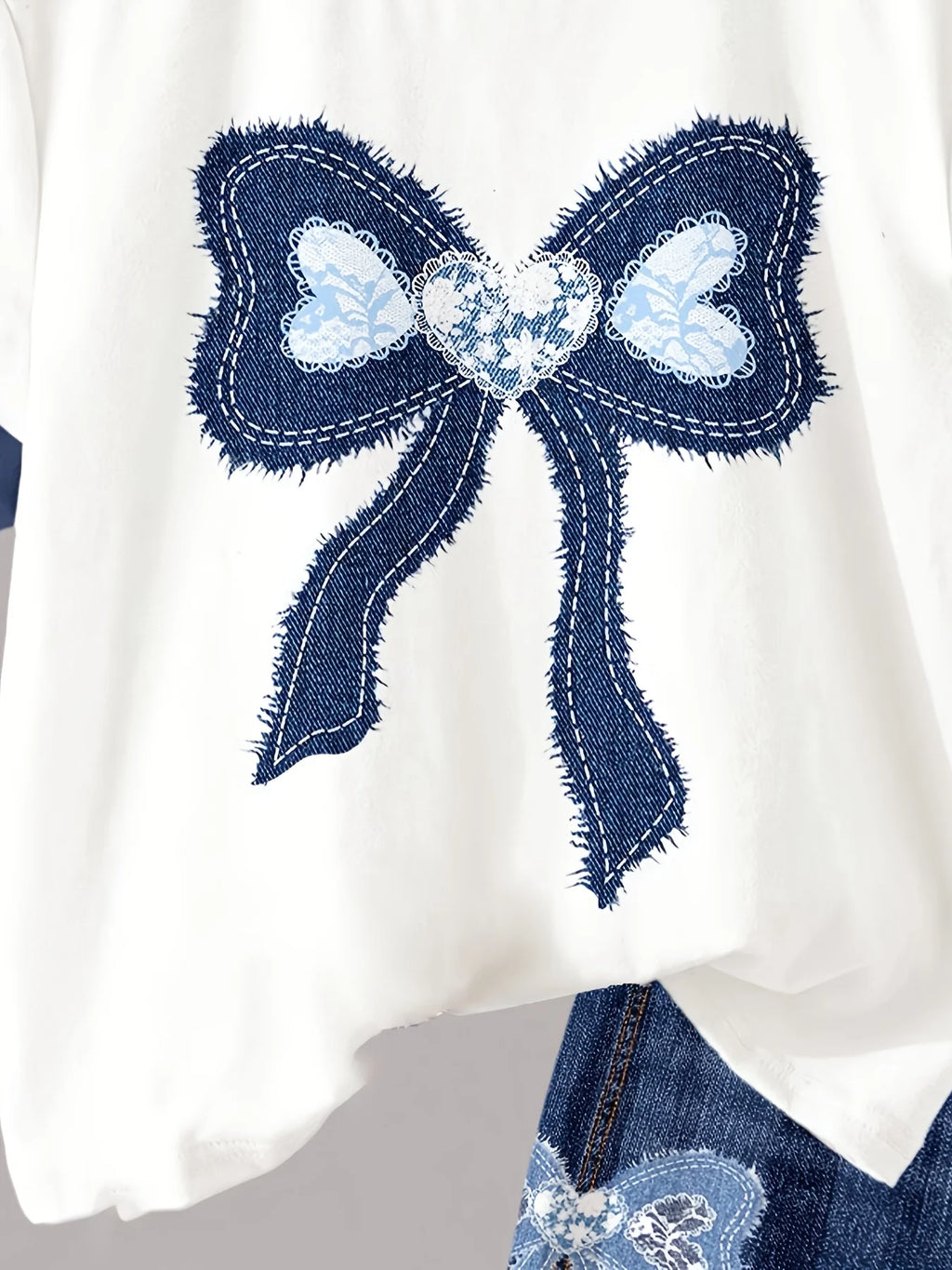 Ensemble 2 pièces filles – T-shirt imprimé nœud & short taille haute effet jean, 8-12 ans
