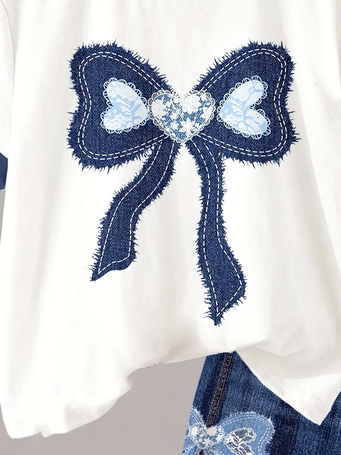 Ensemble 2 pièces filles – T-shirt imprimé nœud & short taille haute effet jean, 8-12 ans