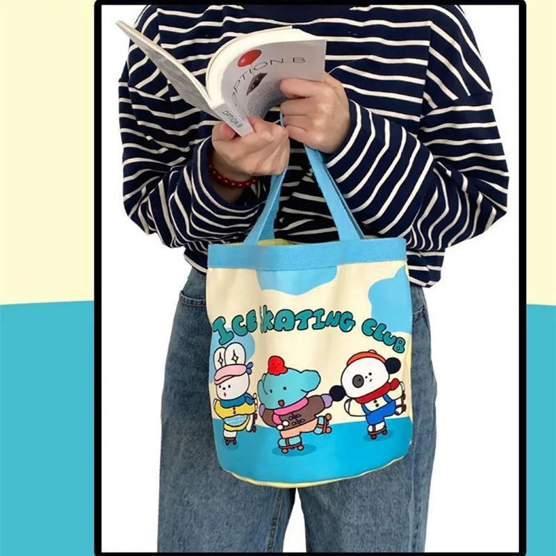 Sac Seau Toile Cartoon Imprimé — Tote Portable Cylindrique, Lunch Bag Fille Étudiante