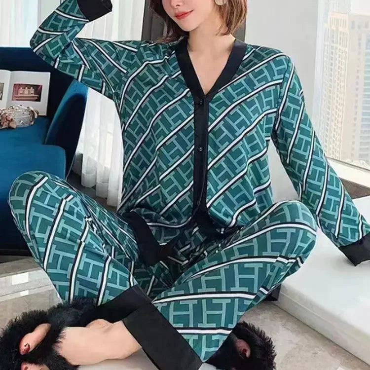 Pyjama Femme Soie Glacée 2 Pièces — Manches Longues, Ample & Confortable, Printemps-Été