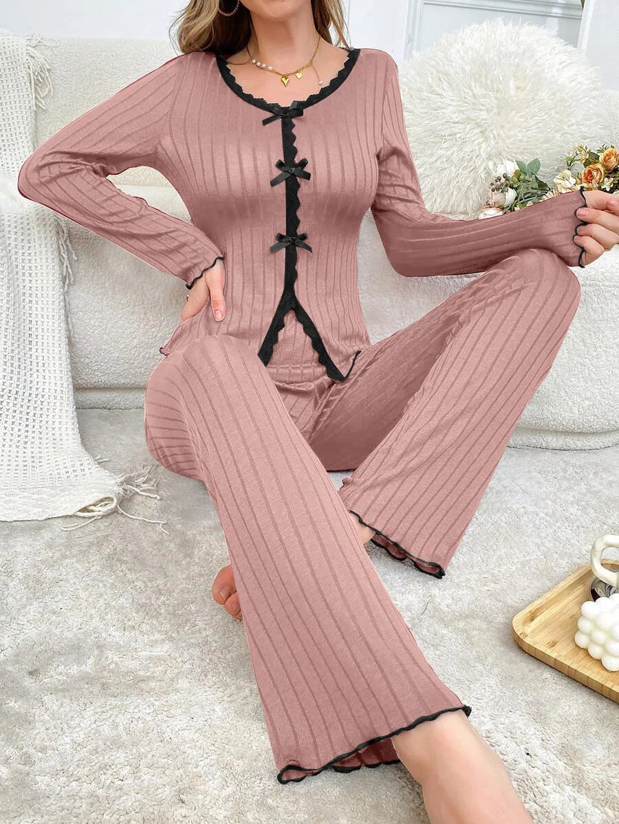 Ensemble Pyjama Femme Hiver — Manches Longues, Col V, Pantalon Long, Chaud & Confortable