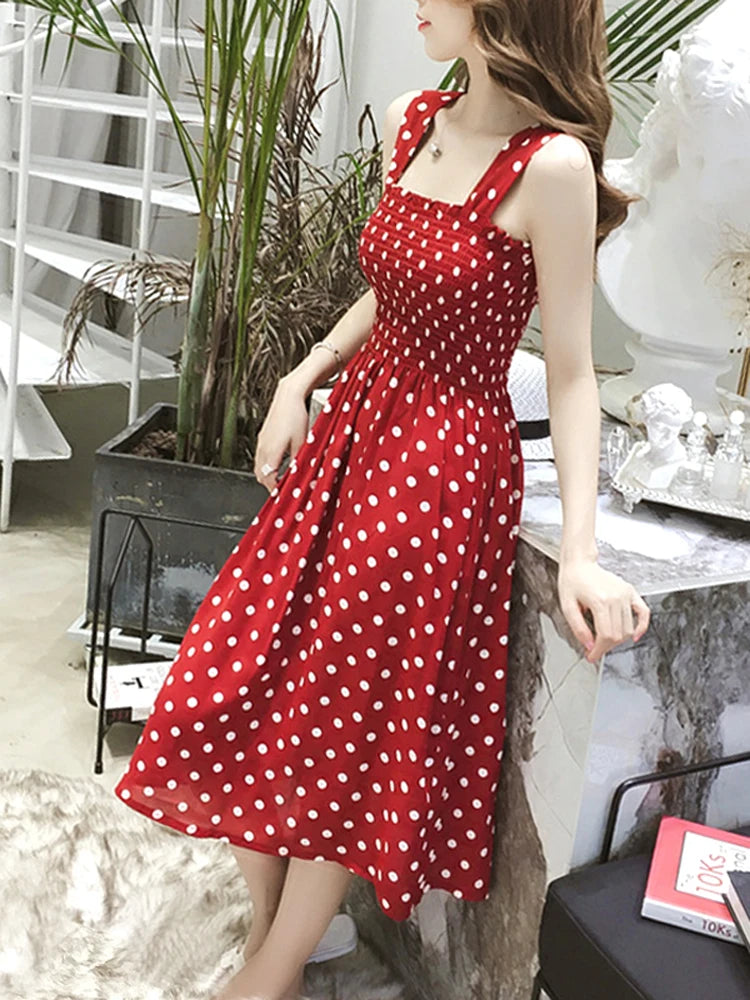 Robe Longue Vintage Pois Bretelles 5XL — Volantée, Soyeuse, Sexy Plage Été