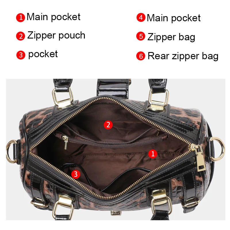 Sac Boston Femme Cuir Véritable Imprimé Léopard — Style Luxe Tendance