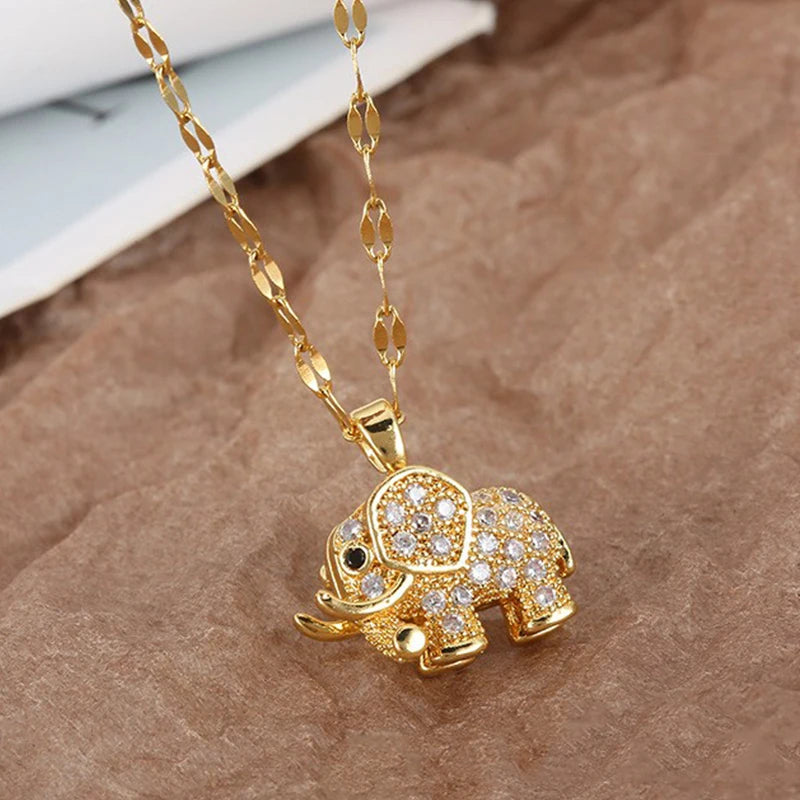 Collier Pendentif Éléphant Zircon Cubique — Cuivre Doré, Polyvalent, Homme & Femme