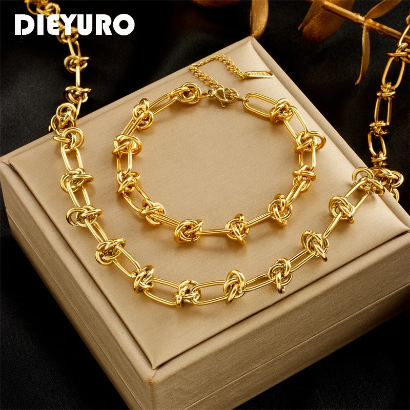 DIEYURO Parure Collier & Bracelet Nœud Torsadé Acier 316L — Or & Argent, Anti-Ternissement