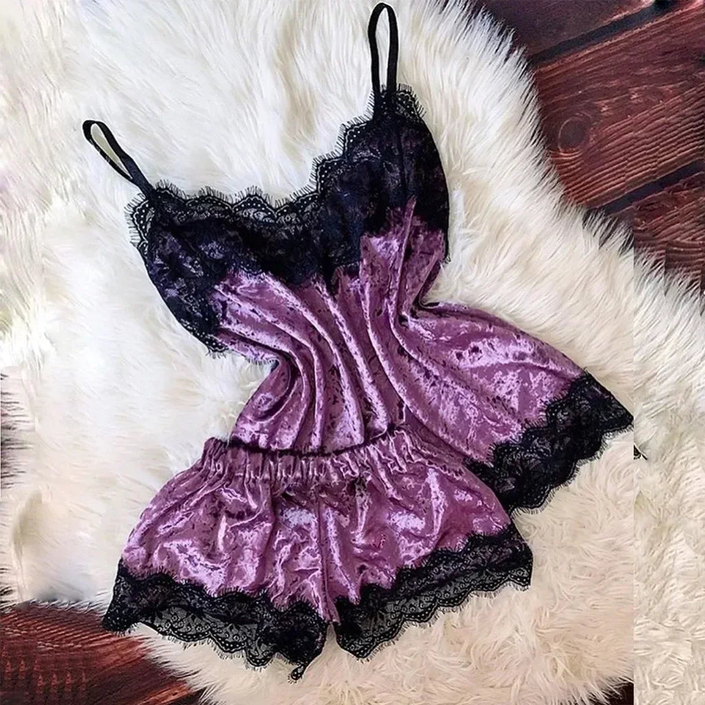 Pyjama Femme Dentelle Satin 2 Pièces — Top Court & Short, Sexy Lounge Été