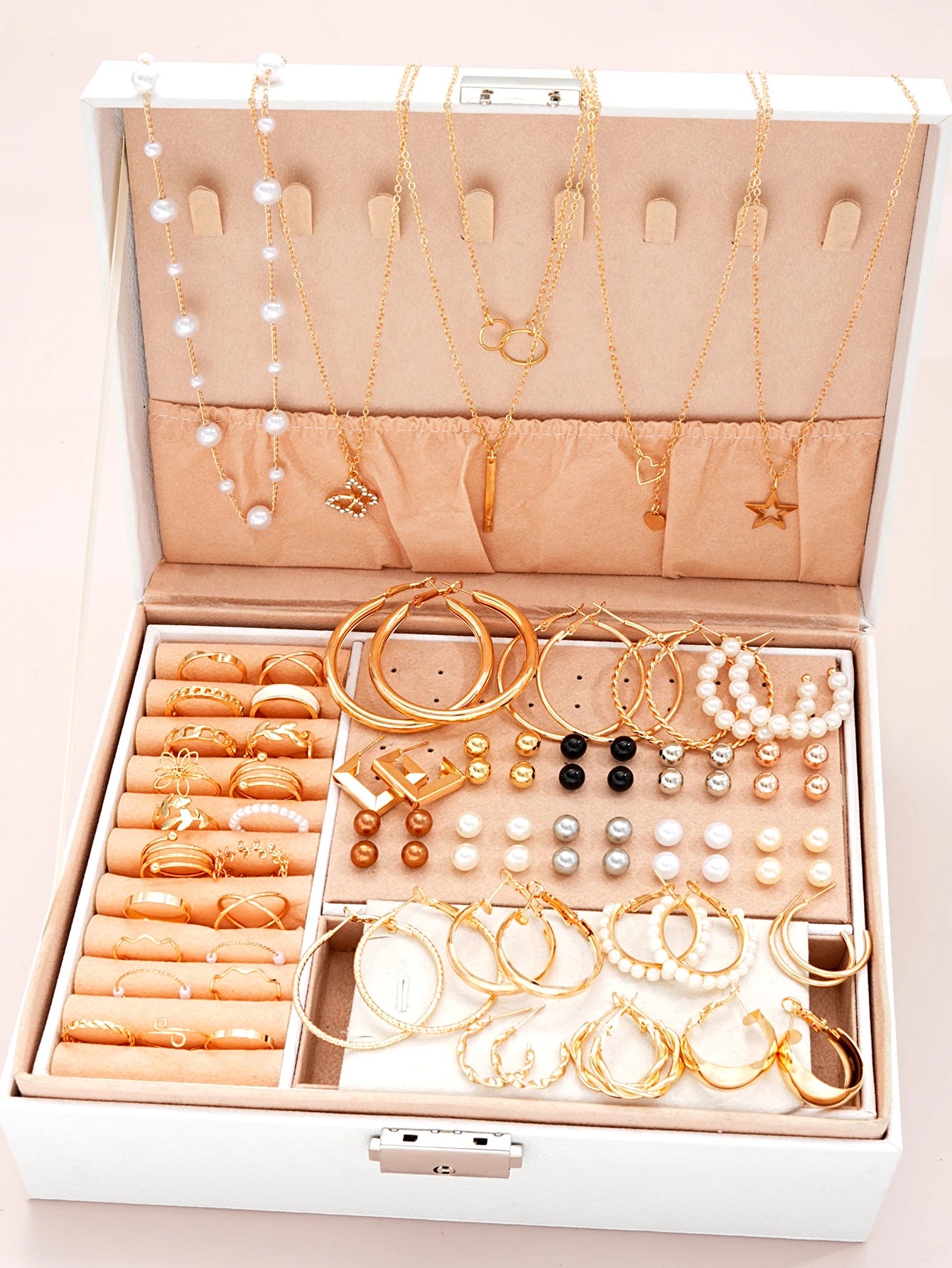 Parure Bijoux Femme 86 Pièces — Boucles Perle, Collier Multi-Rangs, Bagues & Clous