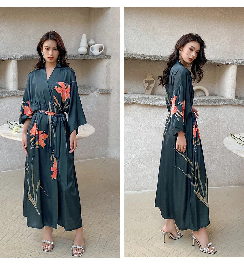 Robe de Chambre Femme Style Chinois Satin — Kimono Imprimé, Manches Mi-Longues, Lounge
