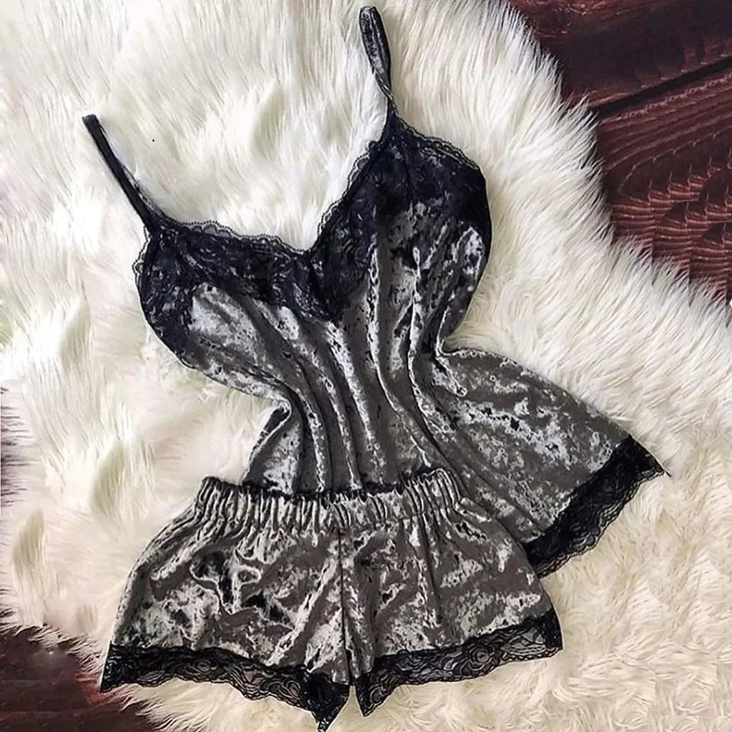 Pyjama Femme Dentelle Satin 2 Pièces — Top Court & Short, Sexy Lounge Été