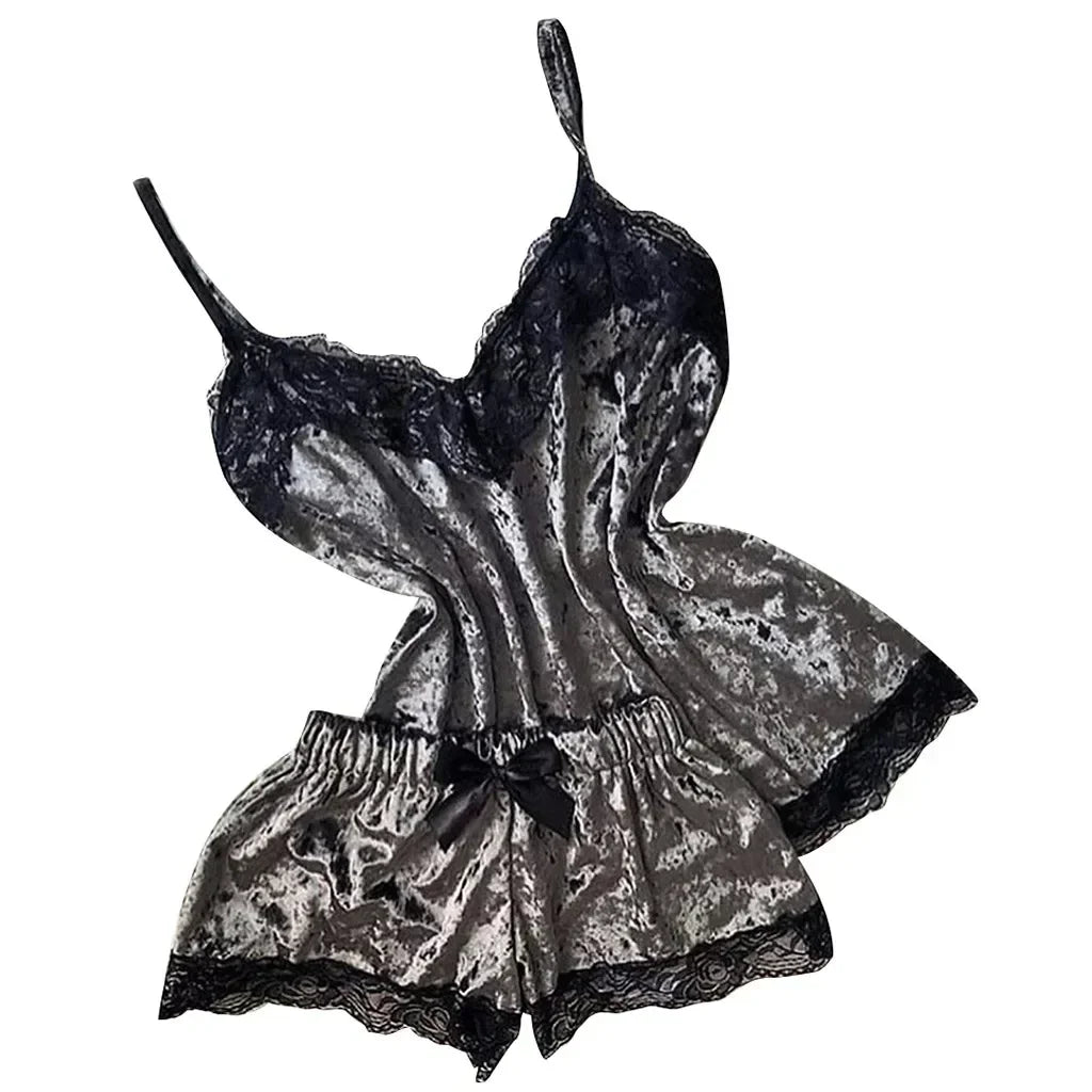 Pyjama Femme Dentelle Satin 2 Pièces — Top Court & Short, Sexy Lounge Été