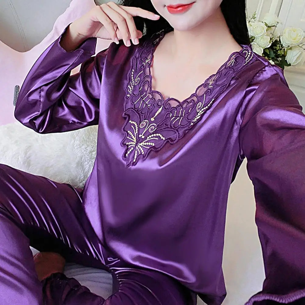 Pyjama Femme Soyeux Manches Longues 2025 — Col V, Dentelle Grande Taille, Lounge