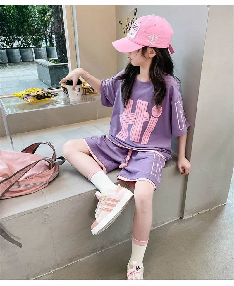 Ensemble 2 pièces filles – T-shirt manches courtes & short décontracté imprimé lettres, 5-14 ans