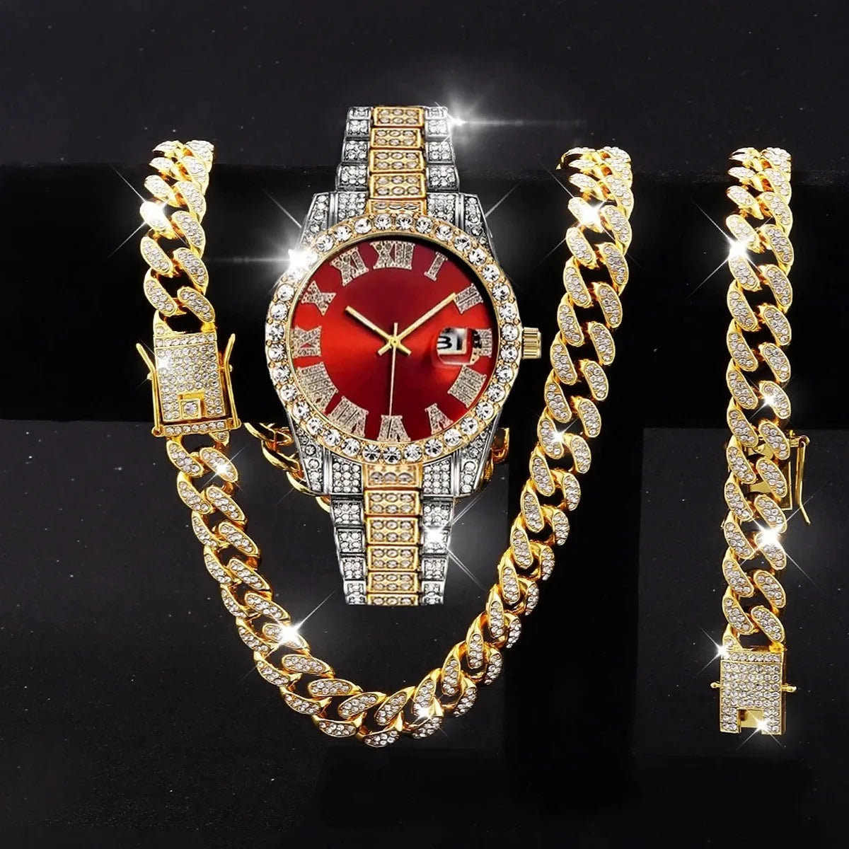 Coffret 3 Montres Homme Luxe Diamant — Cadran Roma, Acier, Quartz + Bijoux (Sans Boîte)