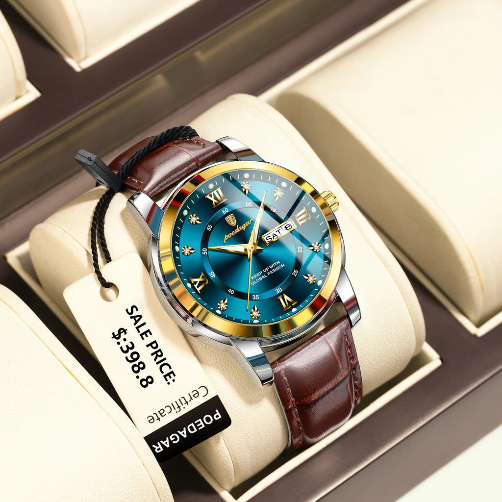 POEDAGAR Montre Homme Cuir Luxe — Quartz Élégant, Bracelet Cuir, Top Qualité