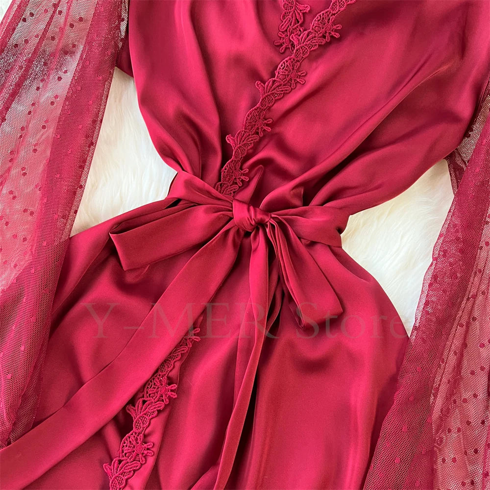 Robe de Chambre Kimono Dentelle Broderie — Longue, Satin Soie, Mariage & Nuit