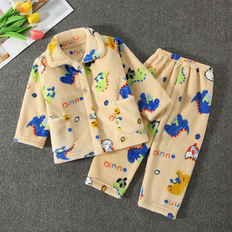 Pyjama Enfant Polaire Cartoon — Manches Longues, Chaud Hiver, Garçon & Fille