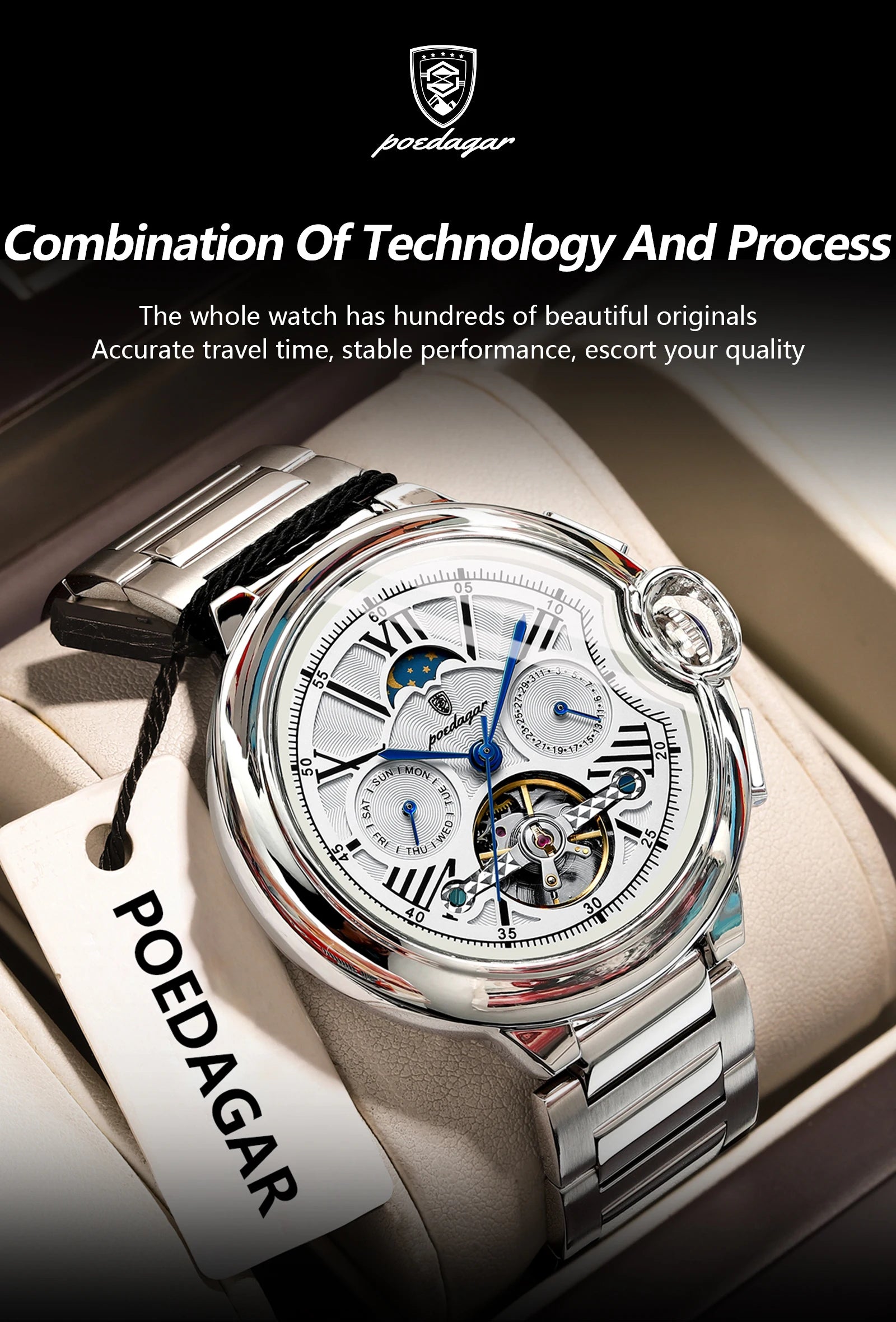 POEDAGAR Montre Automatique Homme Luxe — Tourbillon, Acier, Date & Semaine, Étanche