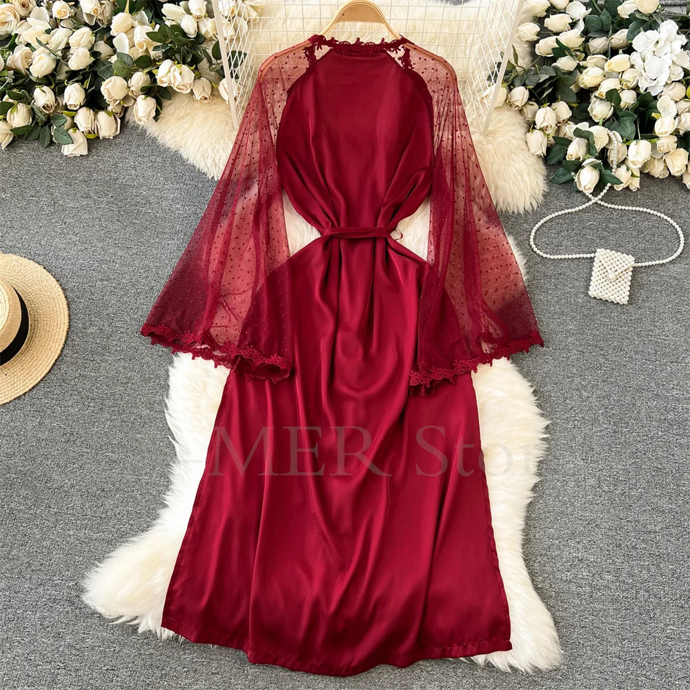 Robe de Chambre Kimono Dentelle Broderie — Longue, Satin Soie, Mariage & Nuit