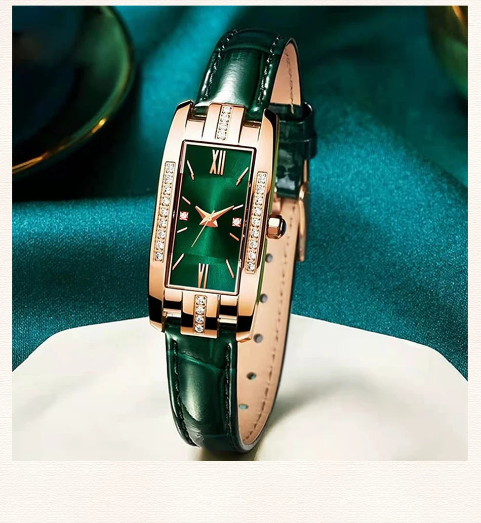 Montre Femme Carrée Quartz — Bracelet Cuir Vert, Cadran Simple, Luxe Fashion