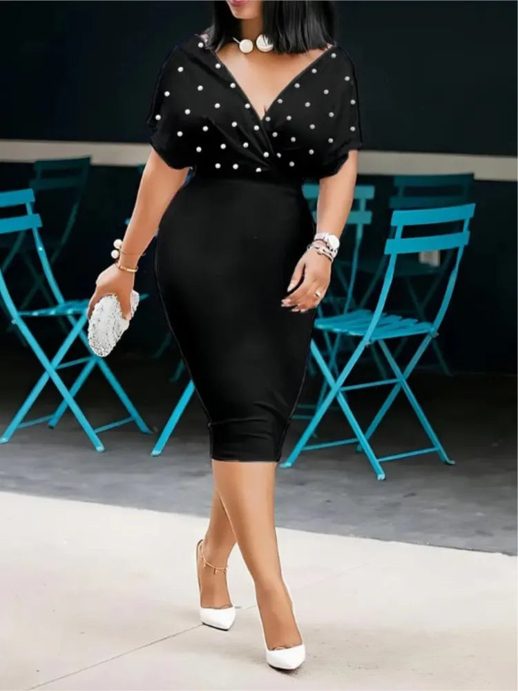 Robe Midi Sexy Col V Moulante — Couleur Unie, Bureau & Soirée, Printemps Été 2025
