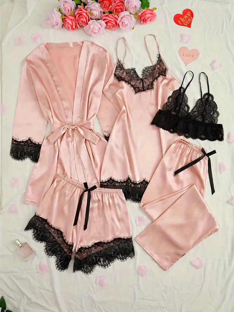 Pyjama Femme Satin Rose Lingerie — Robe de Bain Dentelle, Nuisette & Pantalon