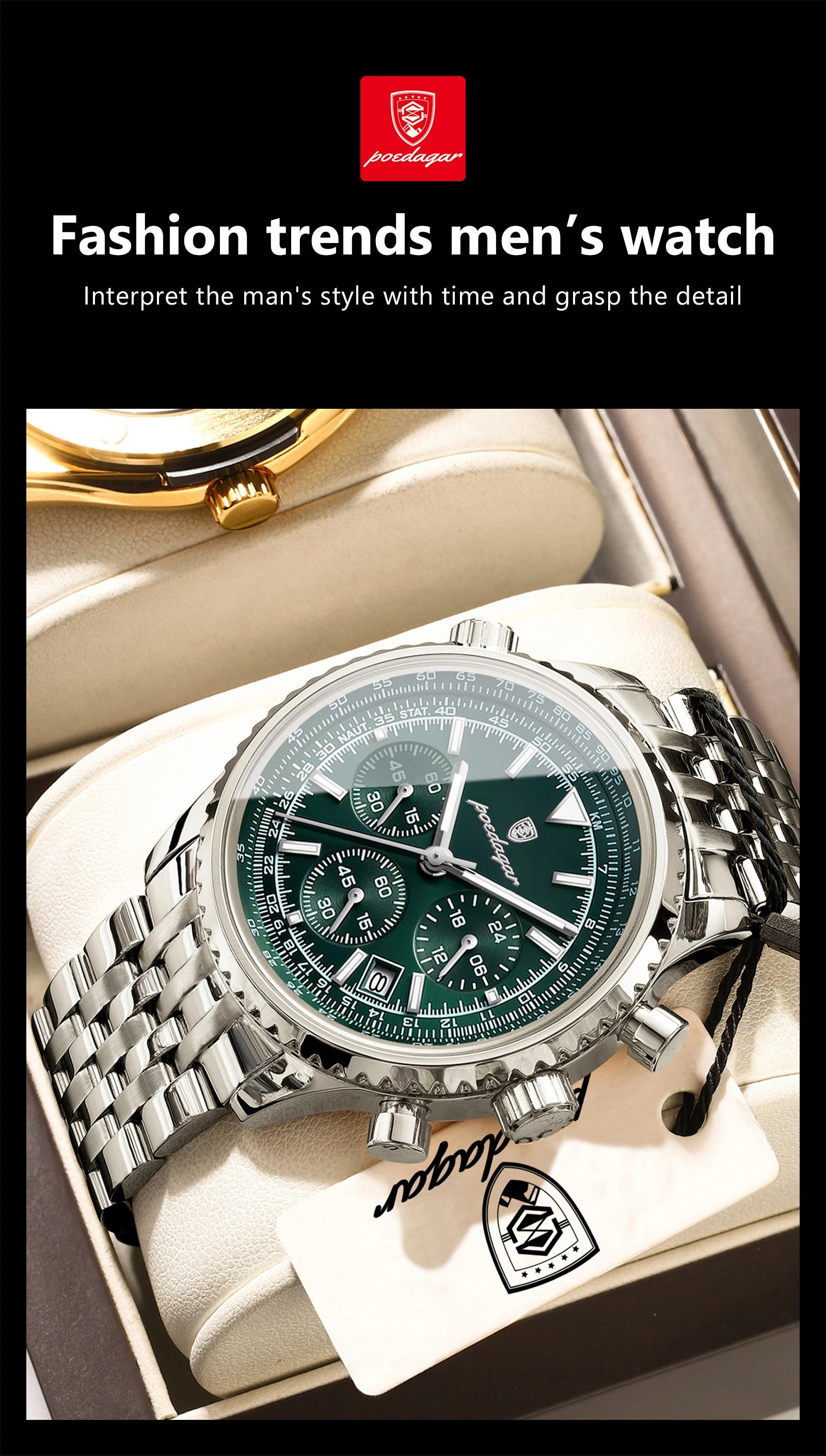 POEDAGAR Montre Homme Luxe Chronographe — Acier Inoxydable, Étanche, Sport Élégant