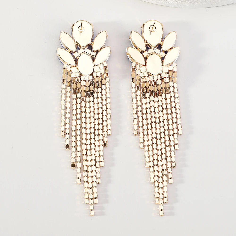 Boucles d'Oreilles Longues Pendantes Cristal Verre Femme — Franges Luxe, Cadeau Bijou