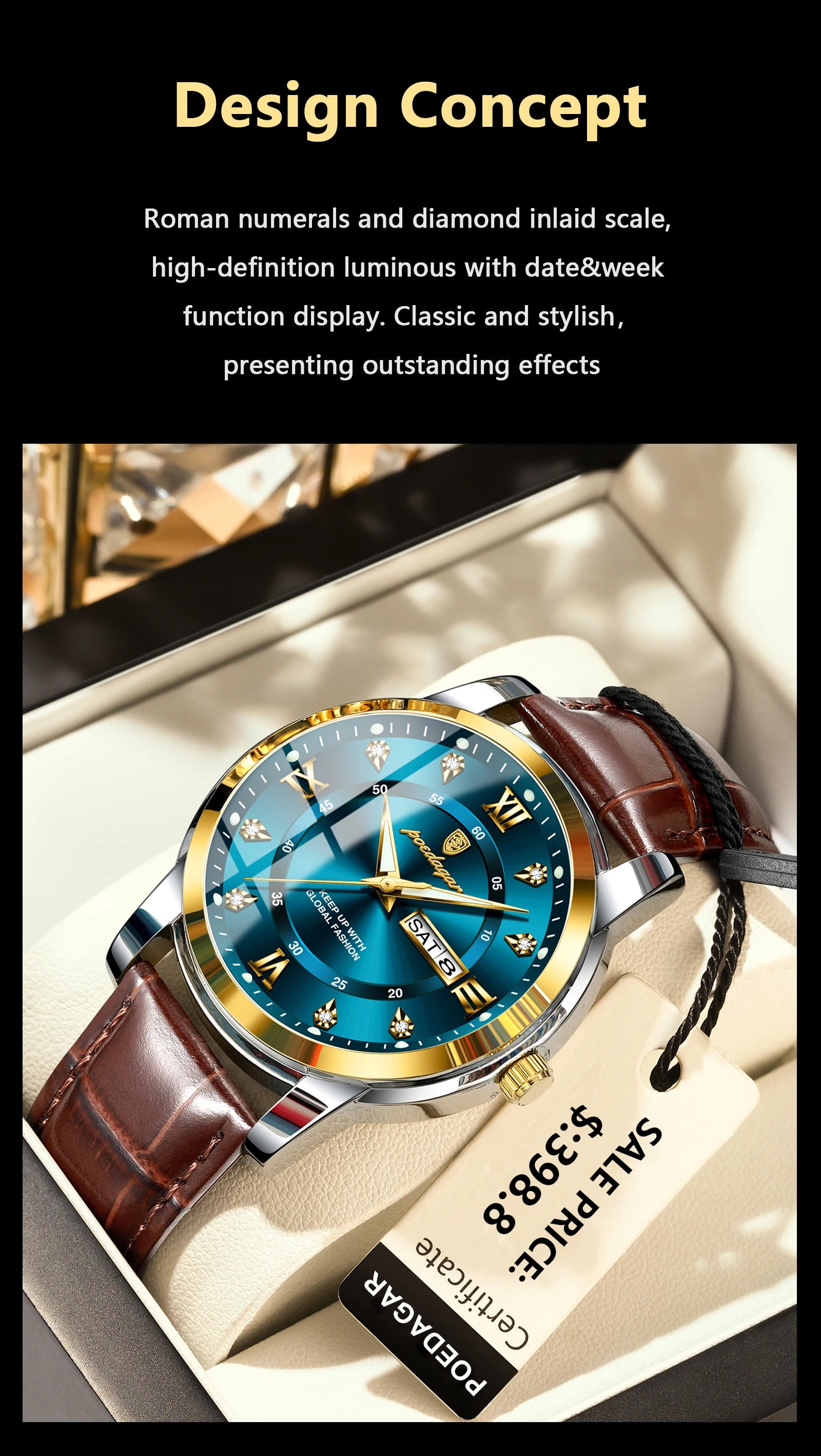 POEDAGAR Montre Homme Cuir Luxe — Quartz Élégant, Bracelet Cuir, Top Qualité