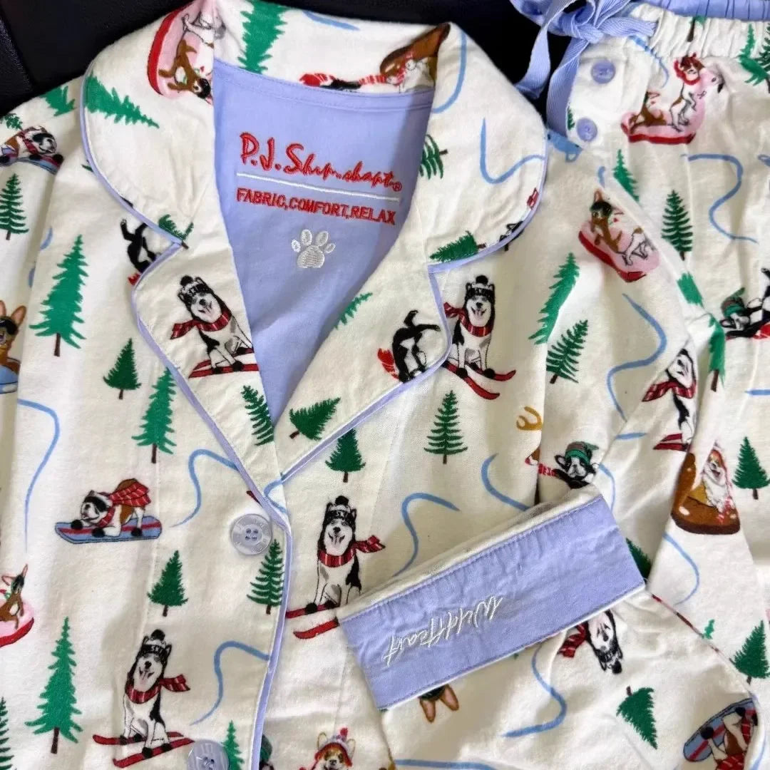 Ensemble Pyjama Femme Coton — Imprimé Cartoon Mignon, 2 Pièces, Manches Longues, Automne