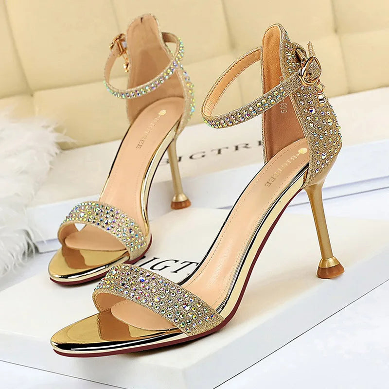 Sandales Femme Strass Cristal Talon Moyen Or — Bride Cheville, Mariage Événement 8.5cm