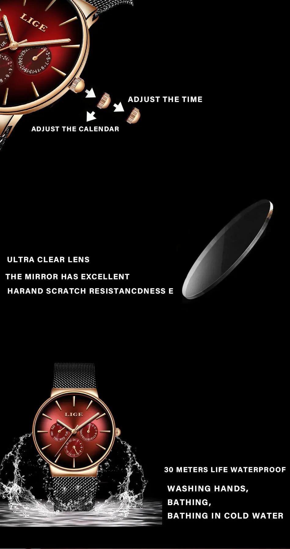 Montre Homme LIGE Luxe Quartz — Maille Acier Ultra-Fine, Étanche, Sport