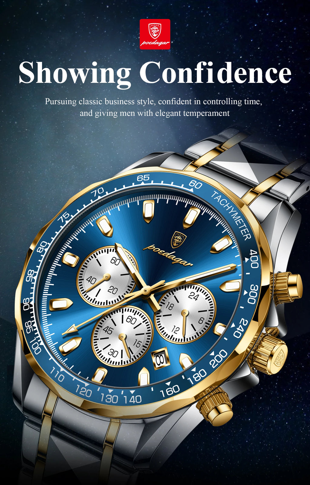 POEDAGAR Montre Homme Sport Luxe Chronographe — Acier Inoxydable, Étanche, Lumineuse