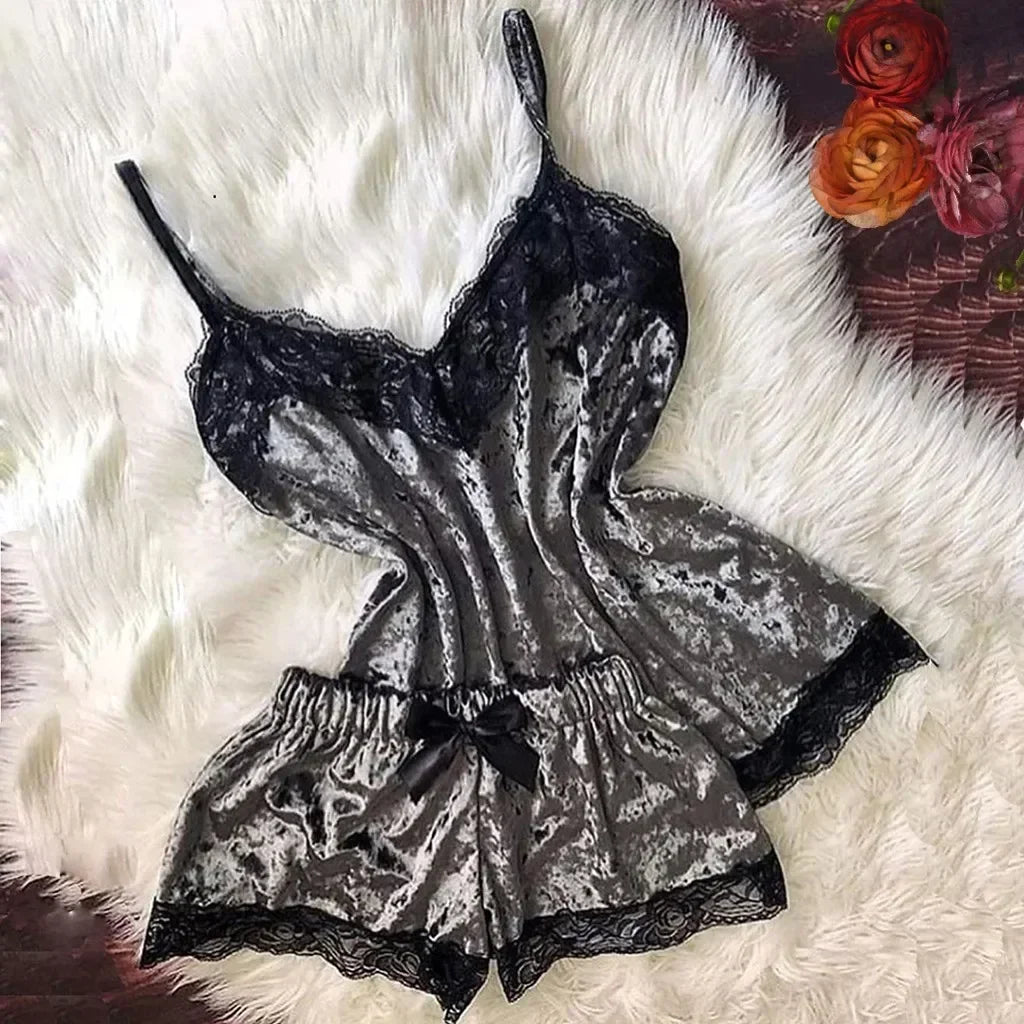 Pyjama Femme Dentelle Satin 2 Pièces — Top Court & Short, Sexy Lounge Été
