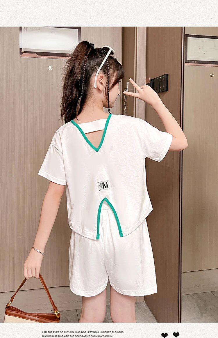 Ensemble 2 pièces filles – T-shirt imprimé nœud manches courtes & short sport, tenue été 2025