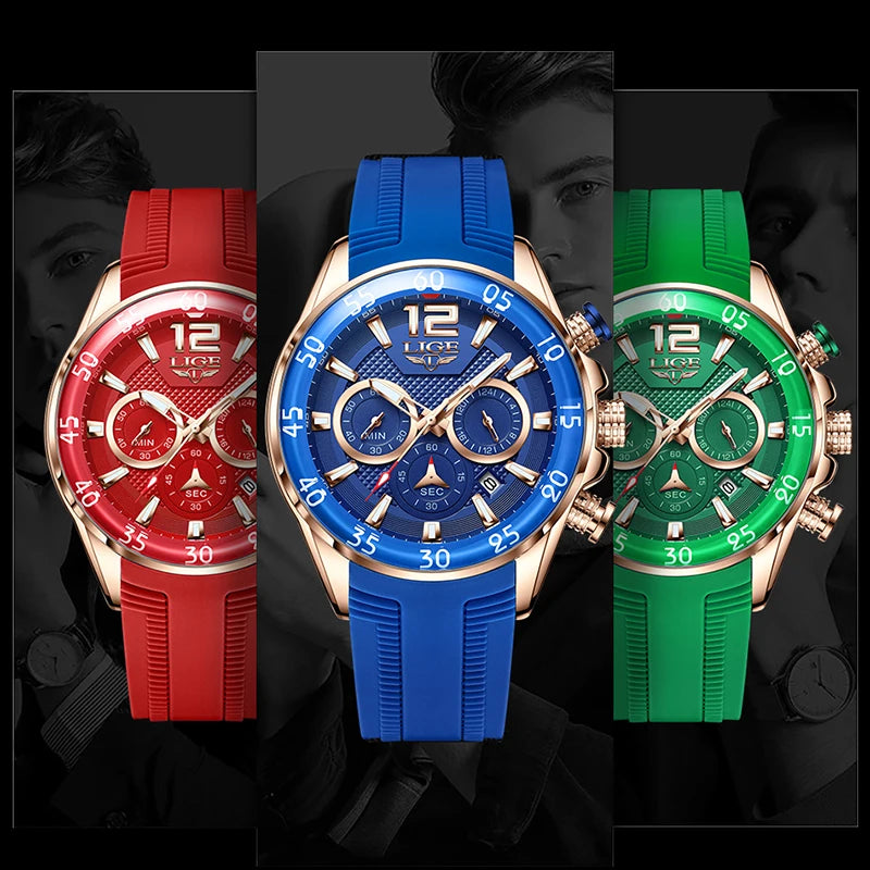 Montre Homme LIGE Sport Rouge Silicone — Étanche, Chronographe Quartz, Luxe