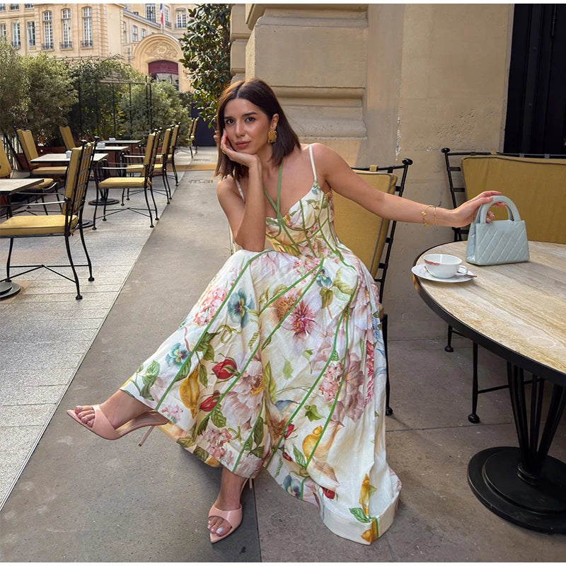 Robe Maxi Halter Corset Imprimé Floral 2026 — Sans Manches, Ligne A, Soirée Élégante