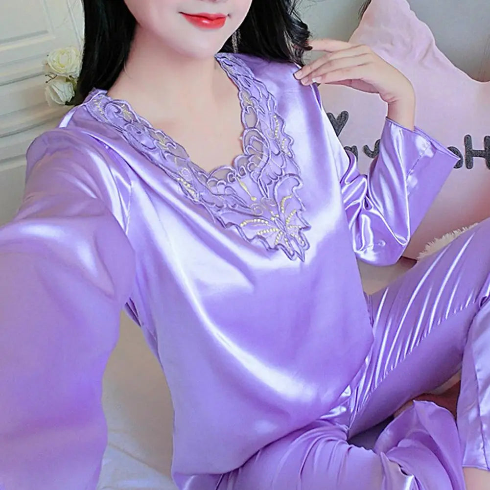 Pyjama Femme Soyeux Manches Longues 2025 — Col V, Dentelle Grande Taille, Lounge