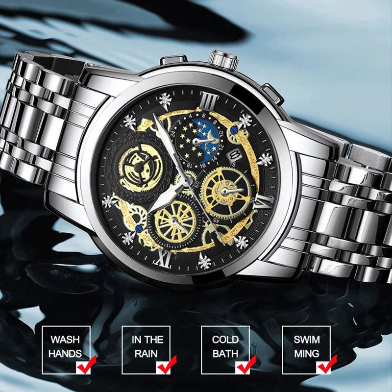 Montre Homme BINBOND Luxe Quartz — Acier Inoxydable, Lumineux, Étanche 30M, Business