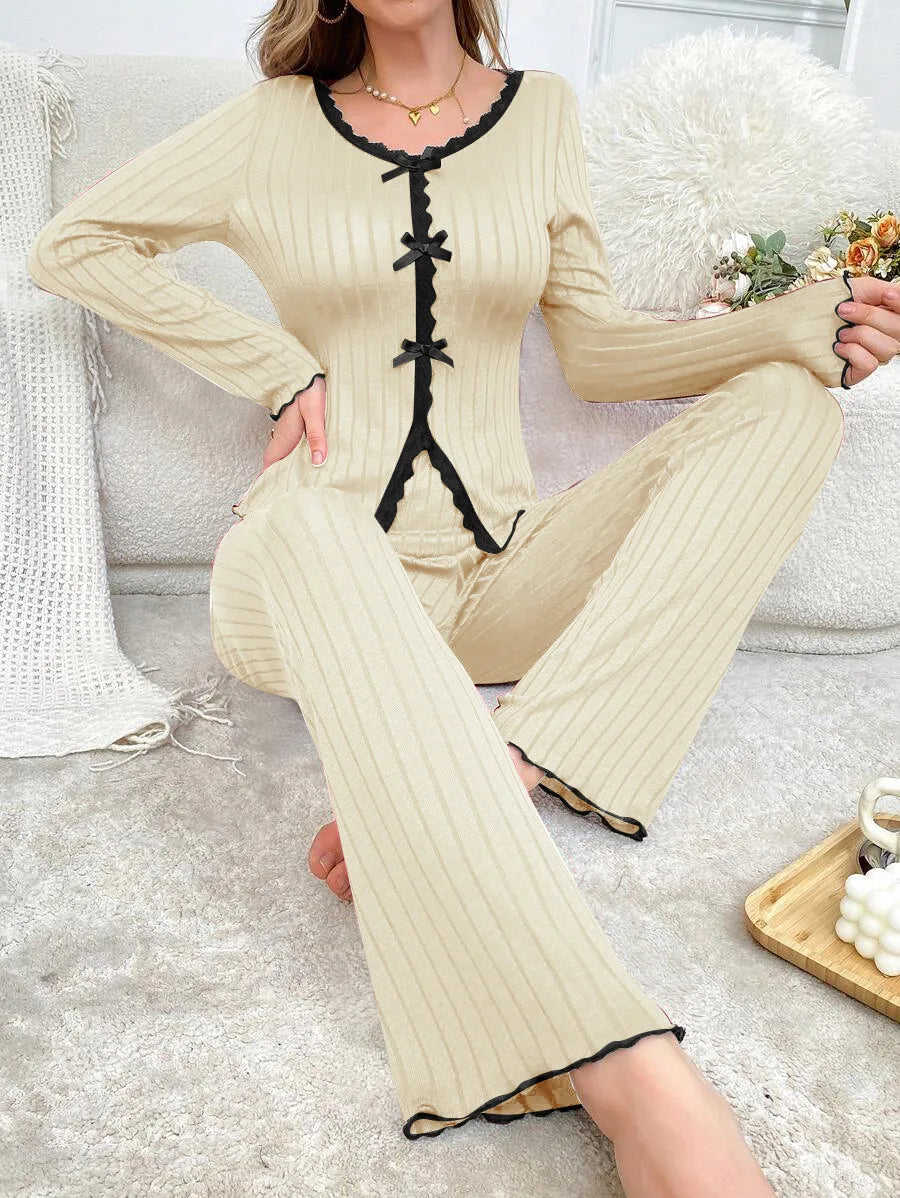 Ensemble Pyjama Femme Hiver — Manches Longues, Col V, Pantalon Long, Chaud & Confortable