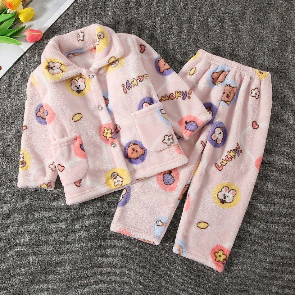Pyjama Enfant Polaire Cartoon — Manches Longues, Chaud Hiver, Garçon & Fille