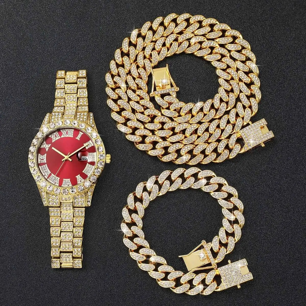 Coffret 3 Montres Homme Luxe Diamant — Cadran Roma, Acier, Quartz + Bijoux (Sans Boîte)