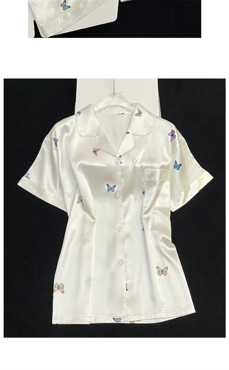 Ensemble Pyjama Femme 2 Pièces Imprimé Papillon — Satin Soie, Manches Courtes, Été