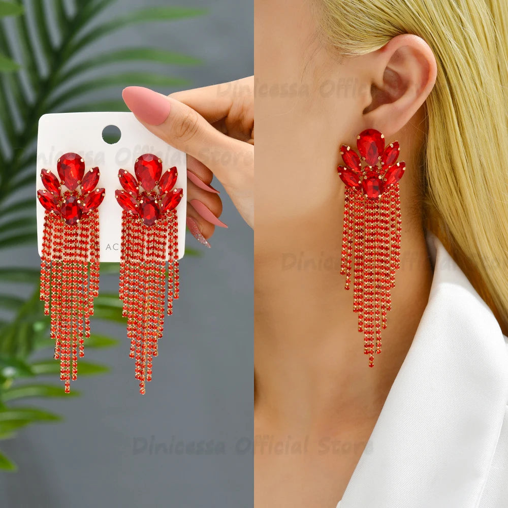 Boucles d'Oreilles Longues Pendantes Cristal Verre Femme — Franges Luxe, Cadeau Bijou