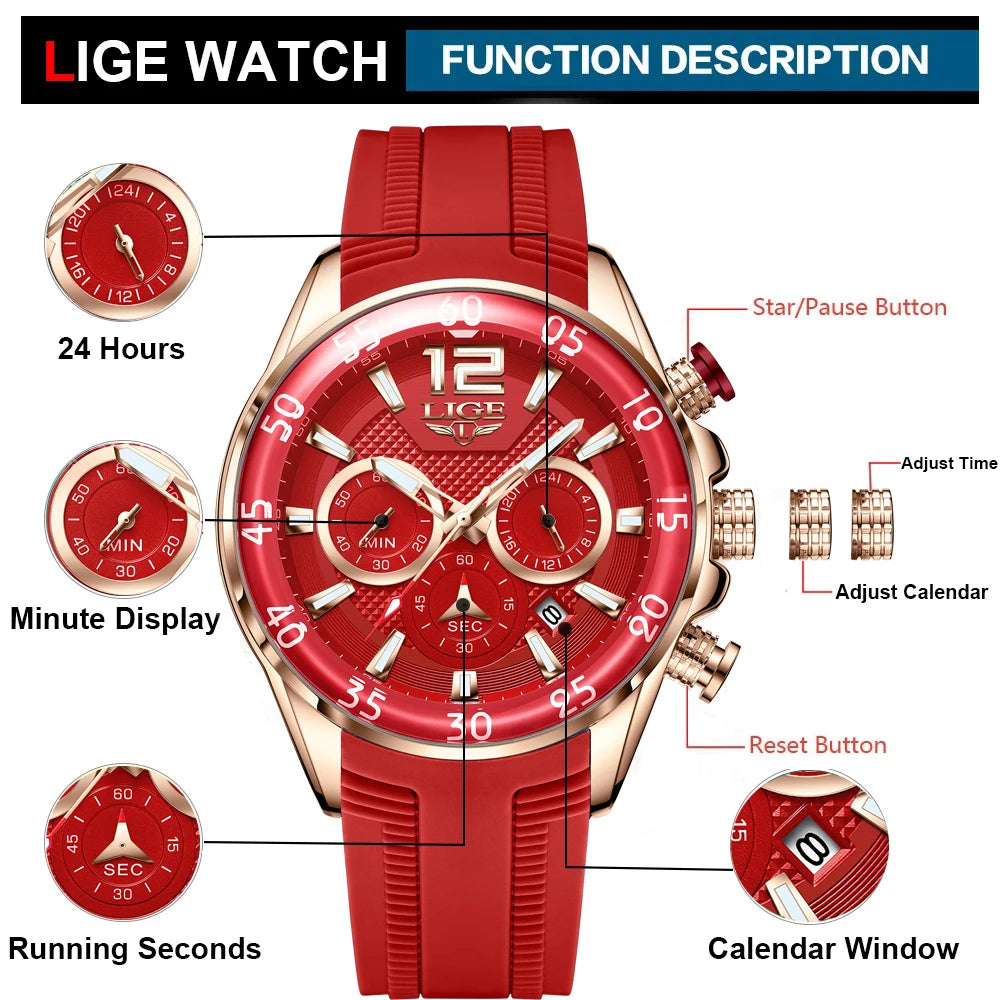 Montre Homme LIGE Sport Rouge Silicone — Étanche, Chronographe Quartz, Luxe
