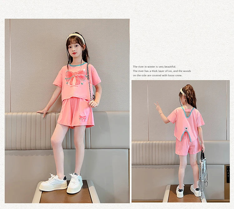 Ensemble 2 pièces filles – T-shirt imprimé nœud manches courtes & short sport, tenue été 2025