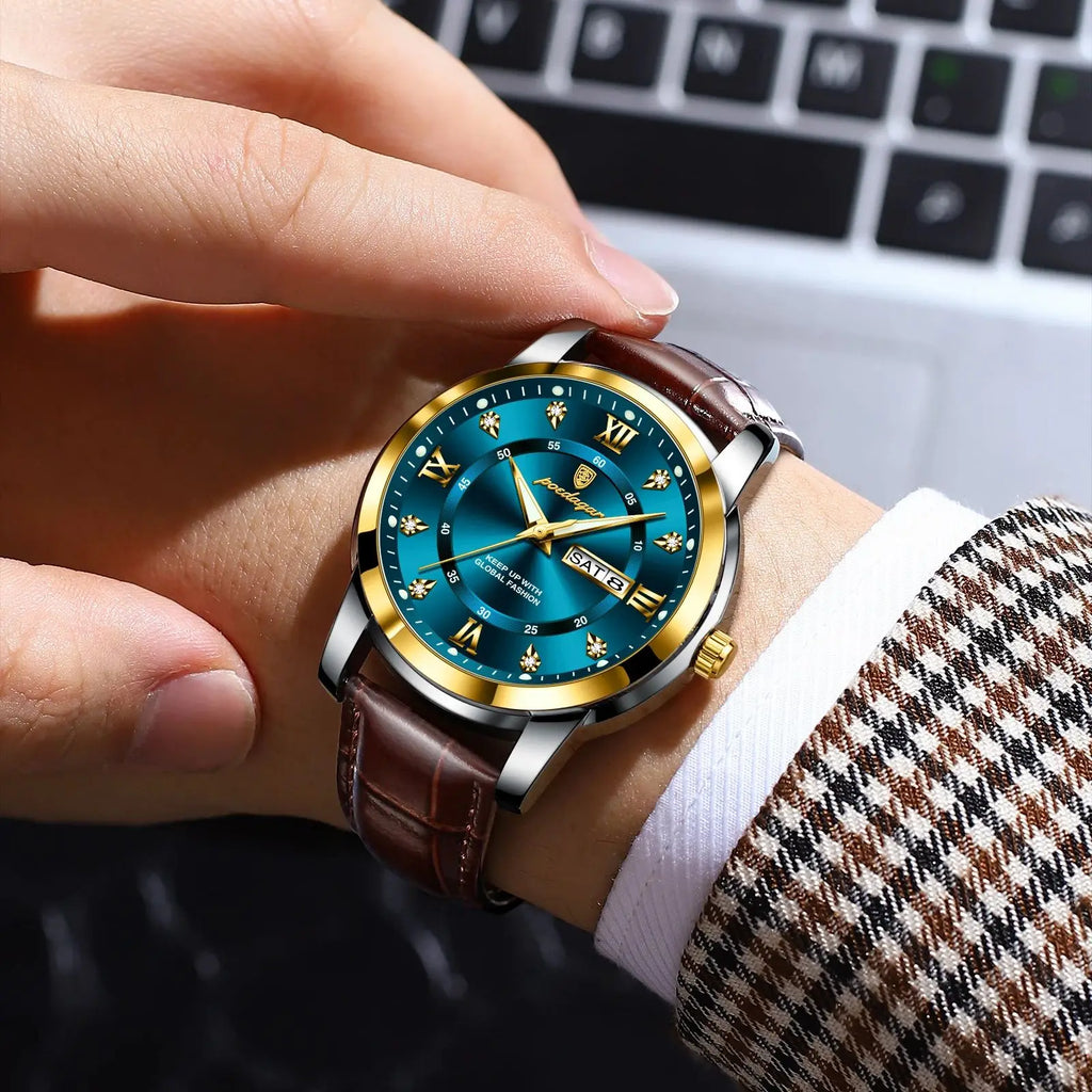 POEDAGAR Montre Homme Cuir Luxe — Quartz Élégant, Bracelet Cuir, Top Qualité