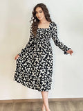 Robe Midi Femme Mousseline Manches Longues — Imprimé Floral Laçage