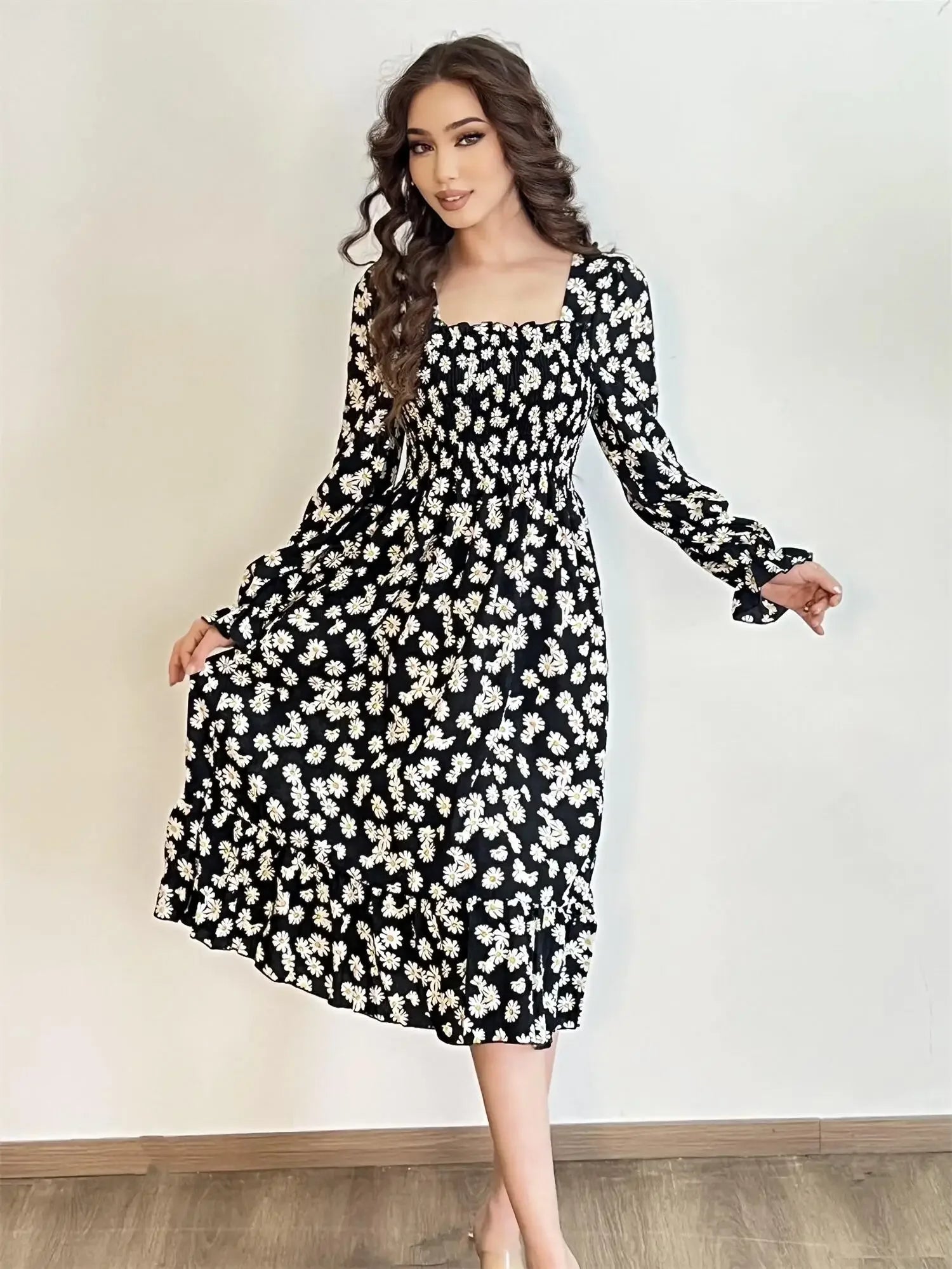 Robe Midi Femme Mousseline Manches Longues — Imprimé Floral Laçage